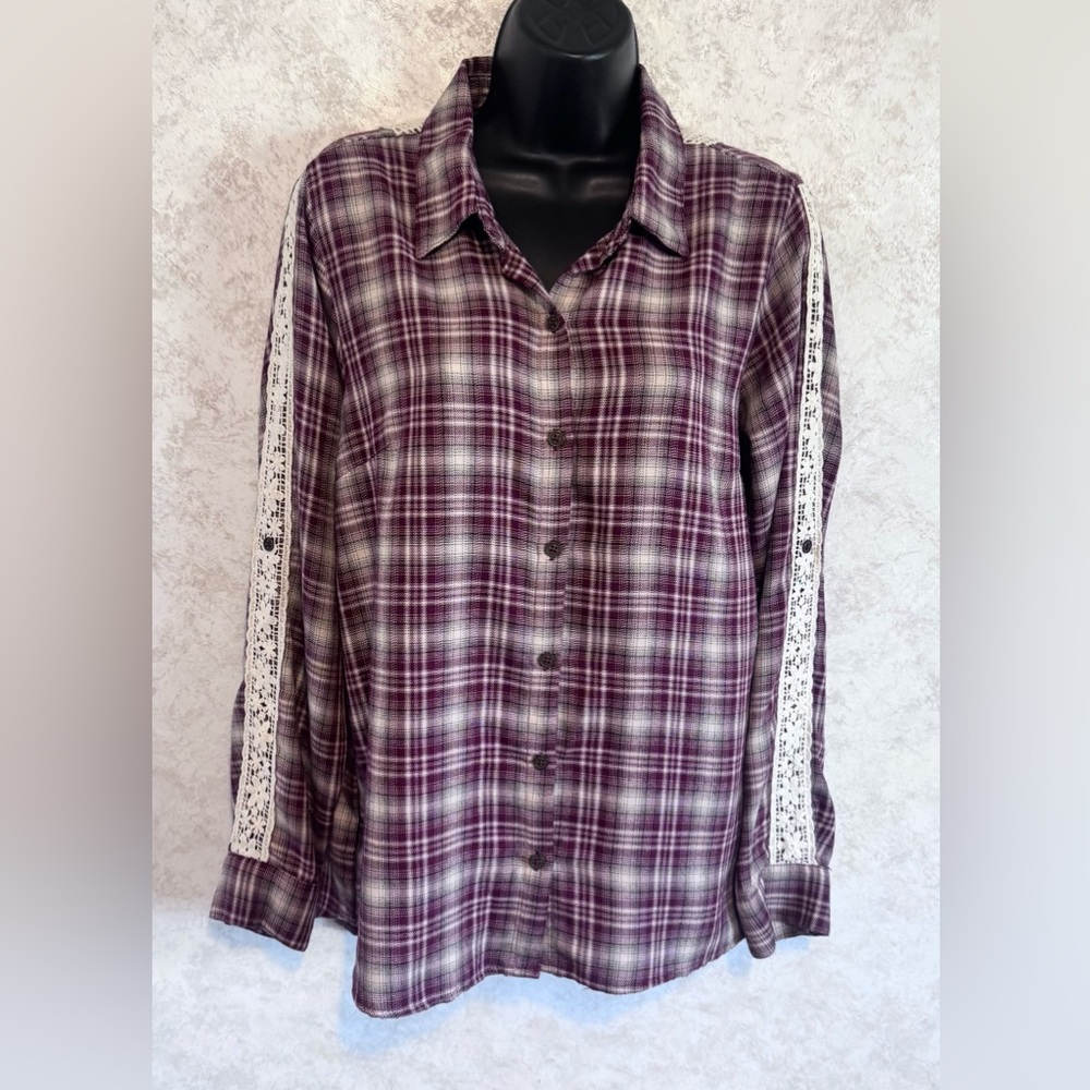 Kate + Sam Button Up Shirt Women Plaid Long Sleeve Lace Trim Top Roll Tabs